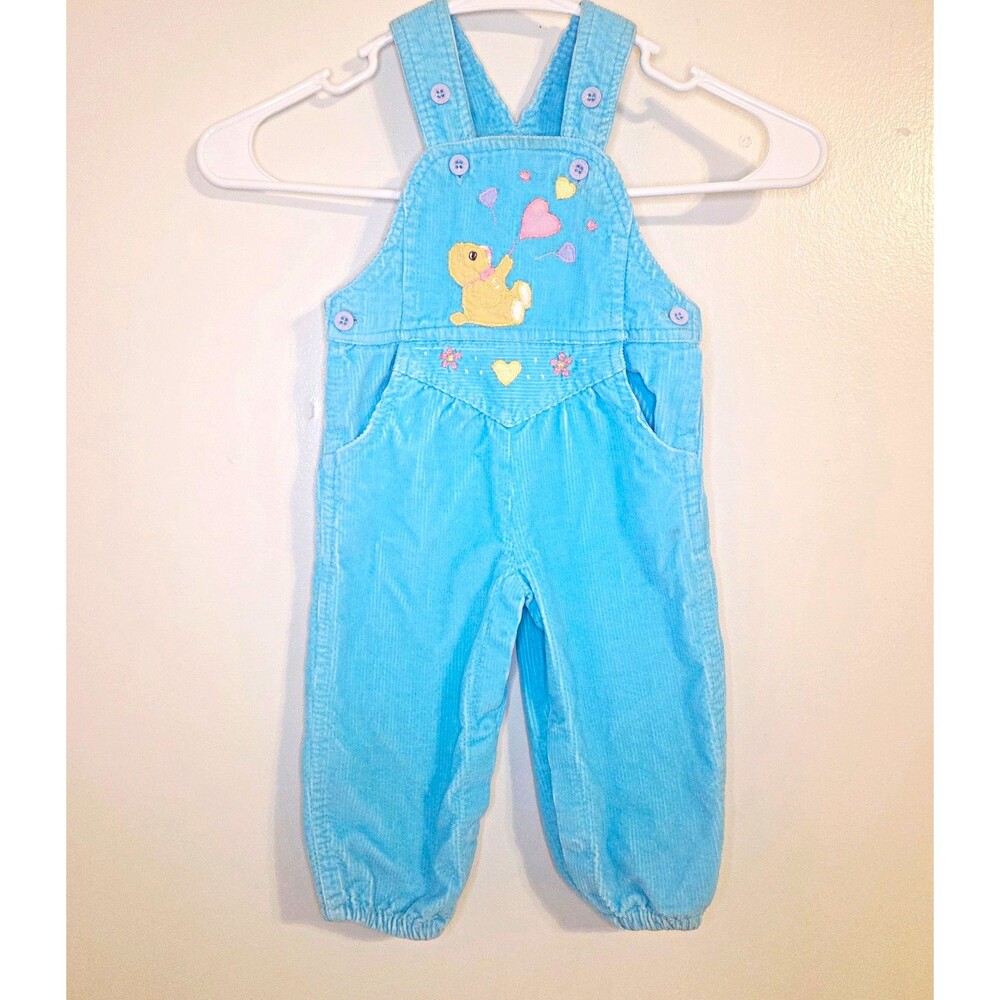 Joyeux Blue Corduroy Sleeveless Overalls Embroidered Hearts Teddy Bear 12M